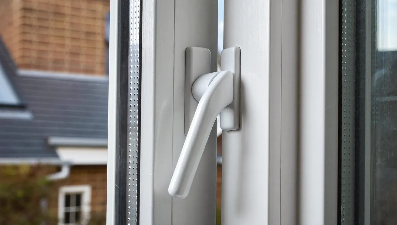 Close-up of a white uPVC double glazed window frame and handle