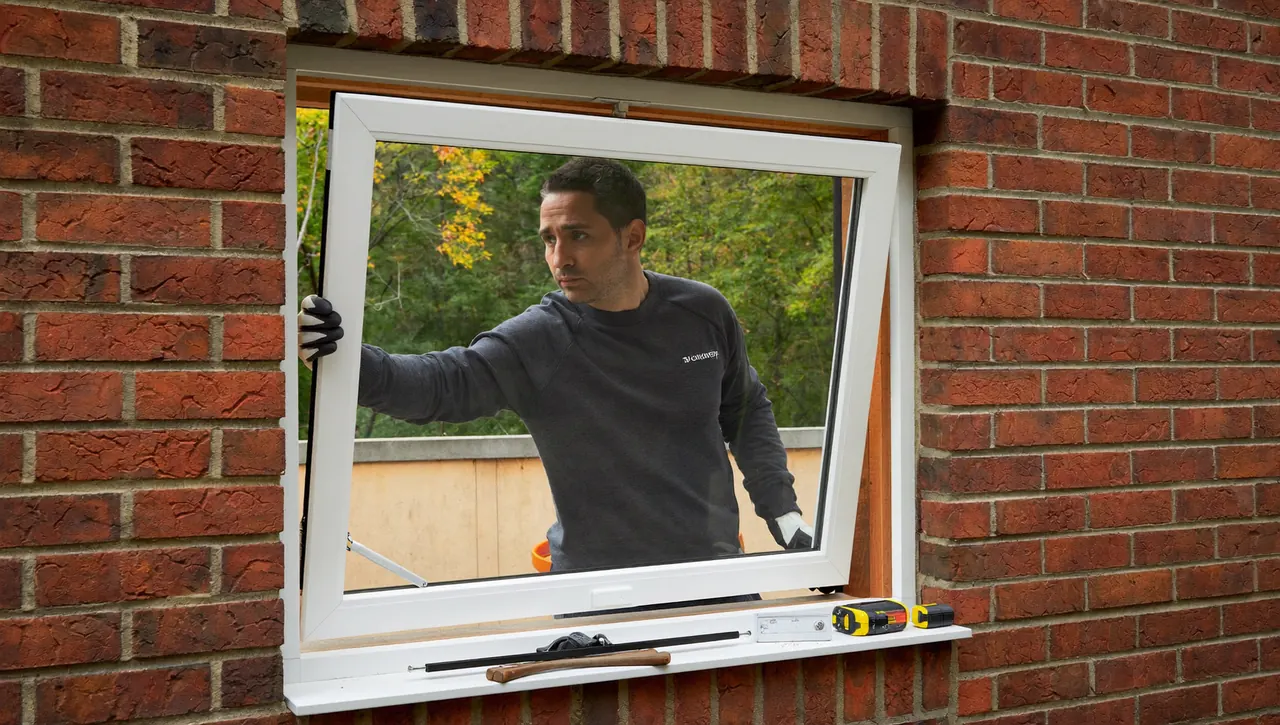 Fitter installing a new double glazed window into a brick opening